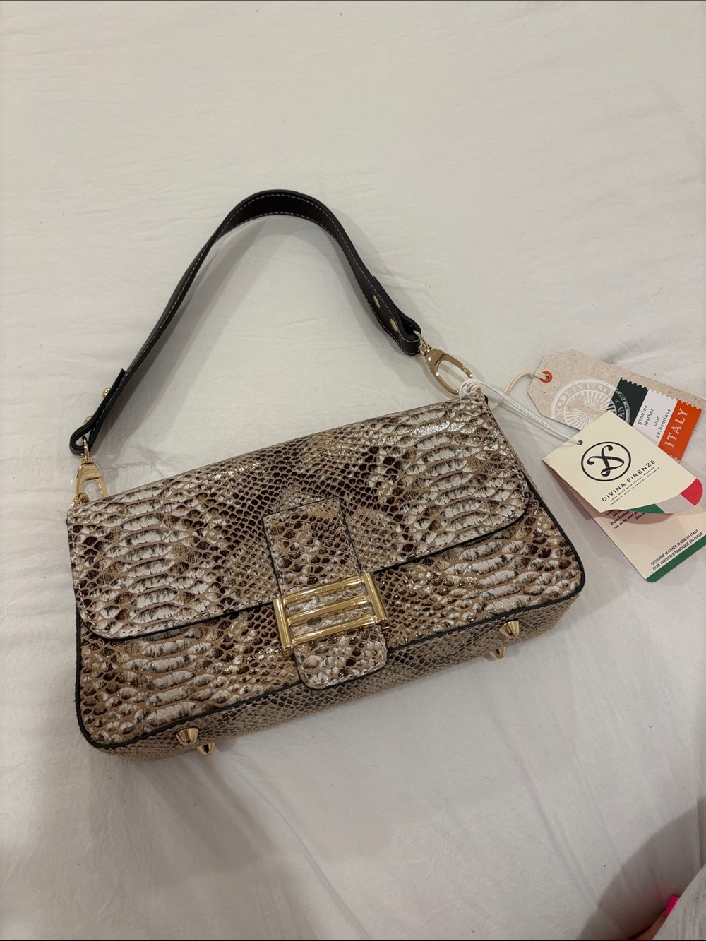 Snake-Embossed Shoulder Bag in Cream and Brown with Gold Hardware